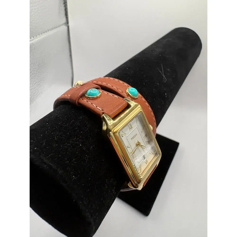 Fossil Women Watch Rectangular Gold-Tone Double Wrap Leather Turquoise Gold